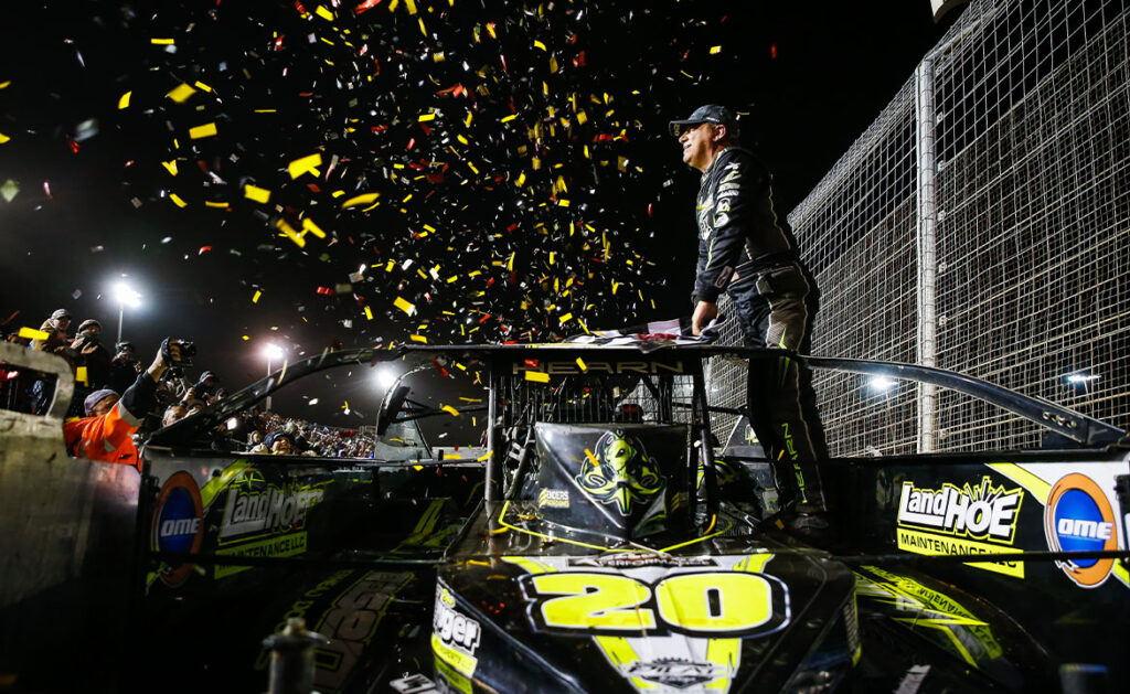 Brett Hearn celebrates a victory at The Dirt Track at Charlotte