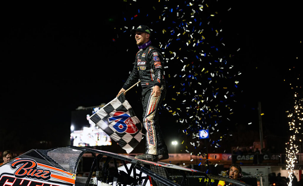 Mat Williamson celebrates a Victory at Volusia Speedway Park